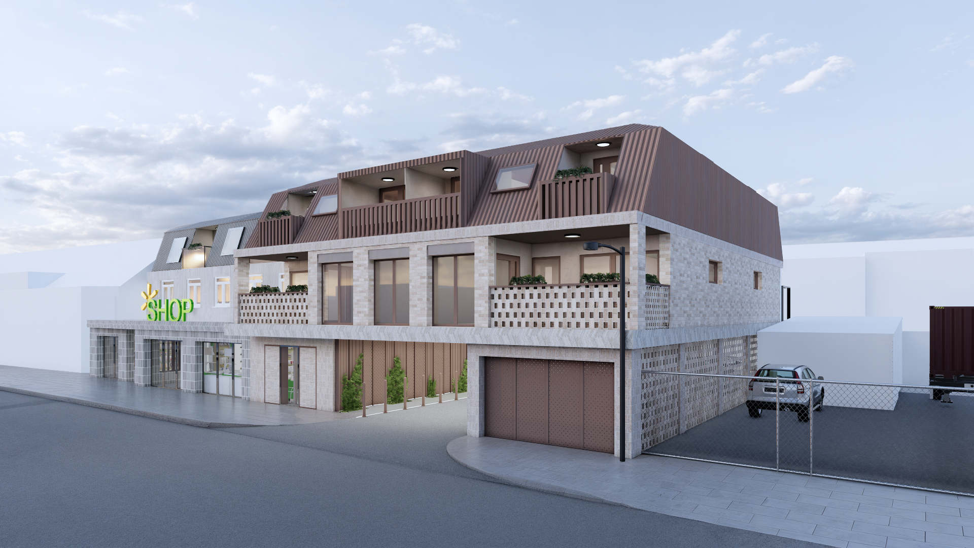 zinc mansard roof apartments and ground-floor convenience store